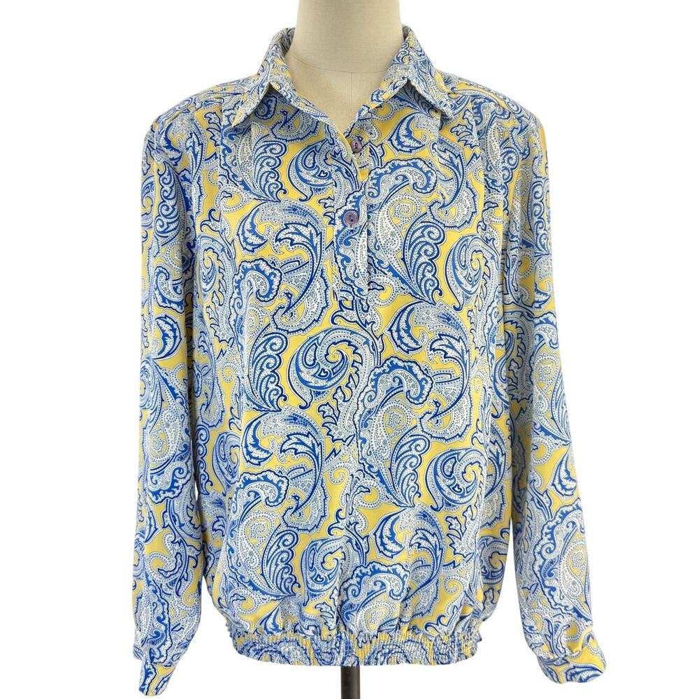Vintage 80s Paisley Blouse USA Medium Blue Yellow Elastic Hem Draper's & Damon's